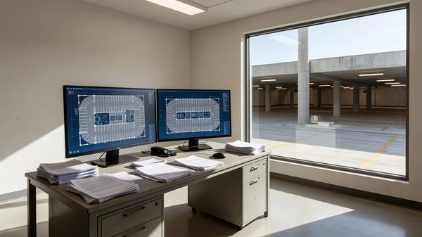 A parking operations professional reviewing documents in a garage management office