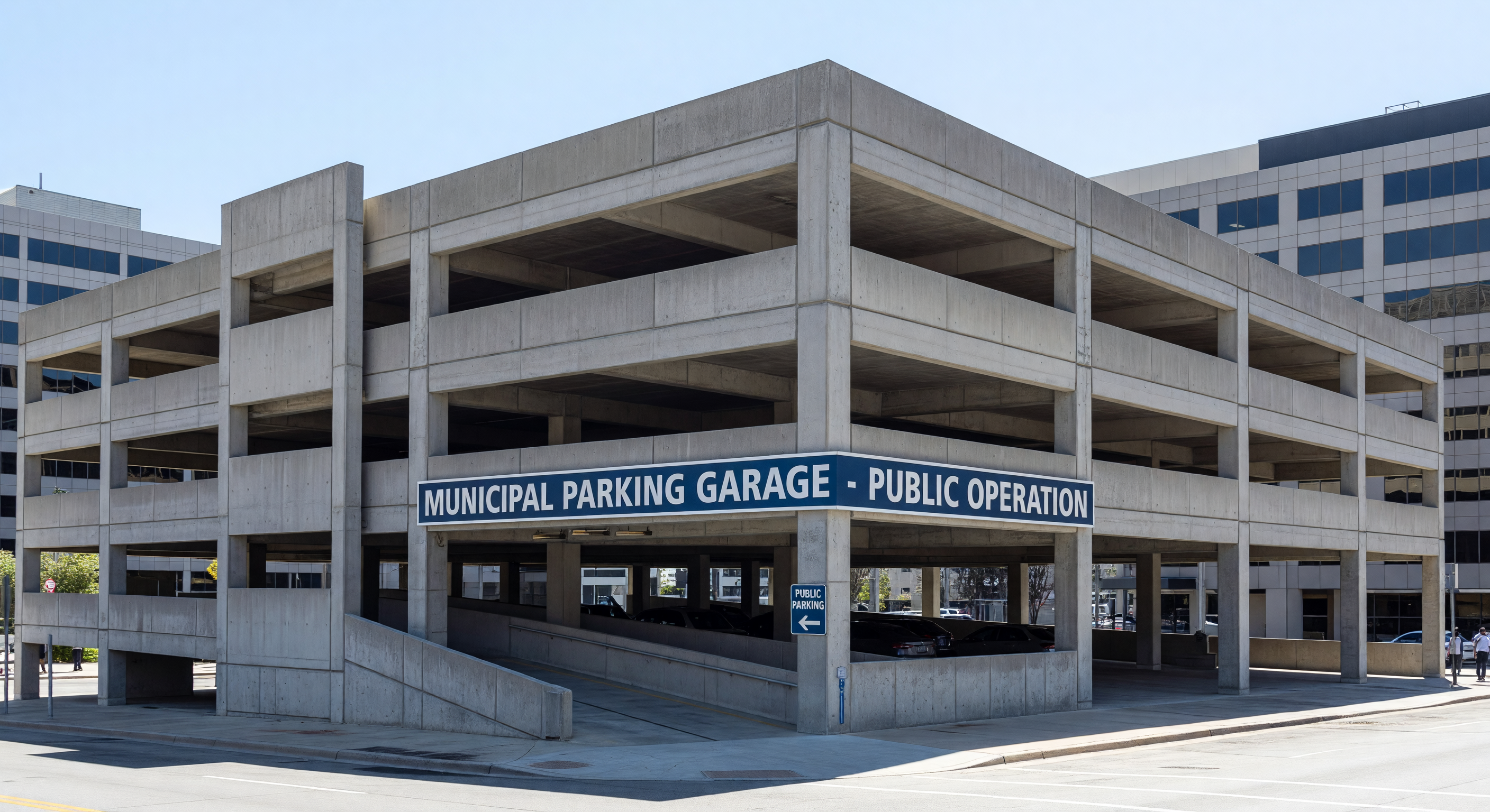 Downtown municipal parking garage with signage indicating public operation