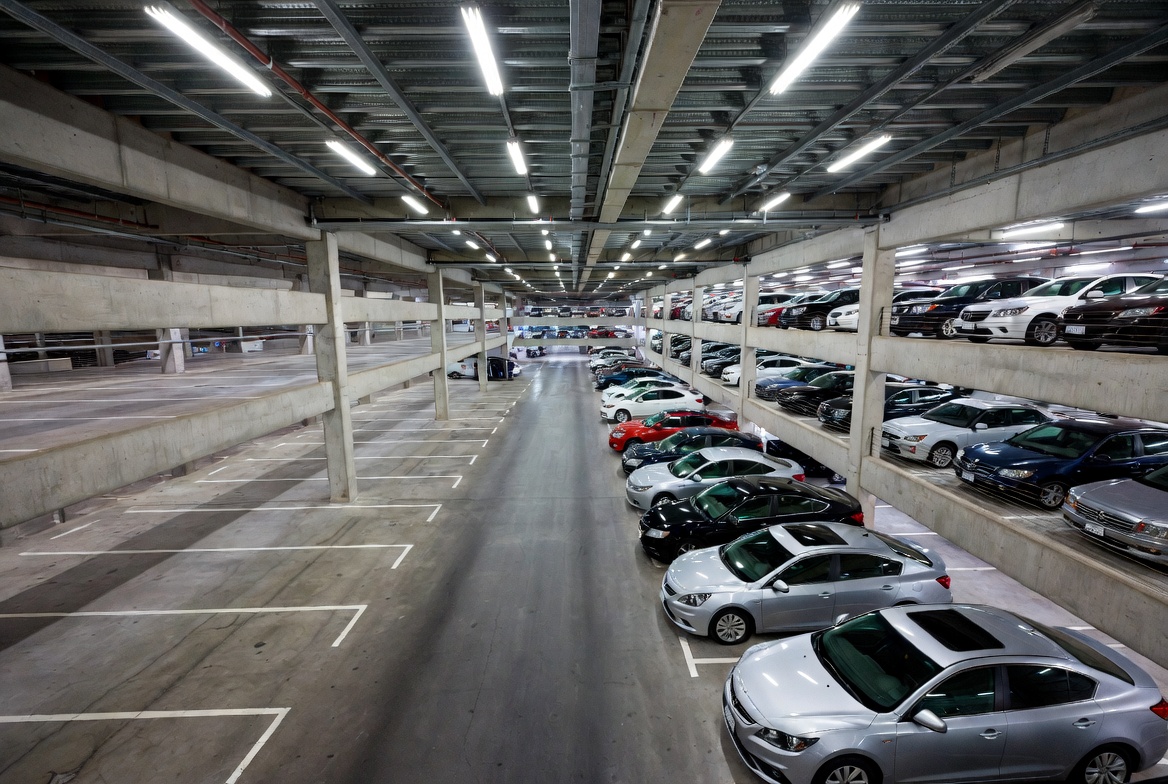 Parking garage transitioning from empty to full showing recovery
