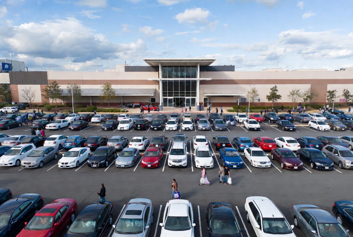 Shopping mall parking lot from above with shoppers walking