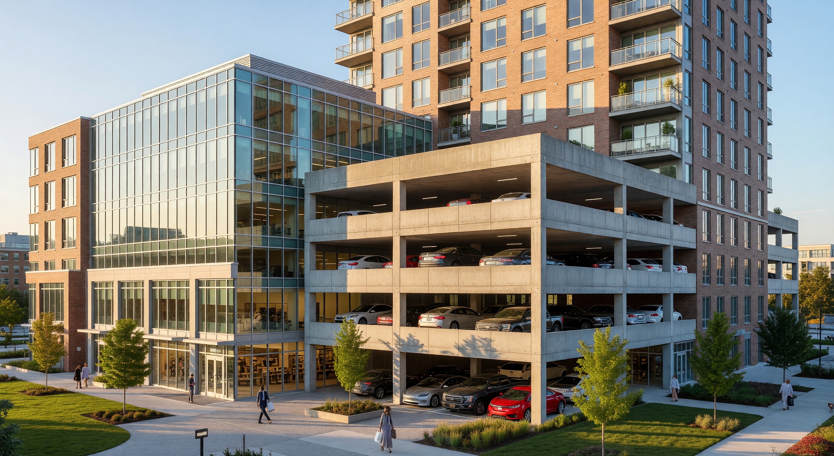 Mixed-use urban development showing shared parking structure serving office, retail, and residential uses