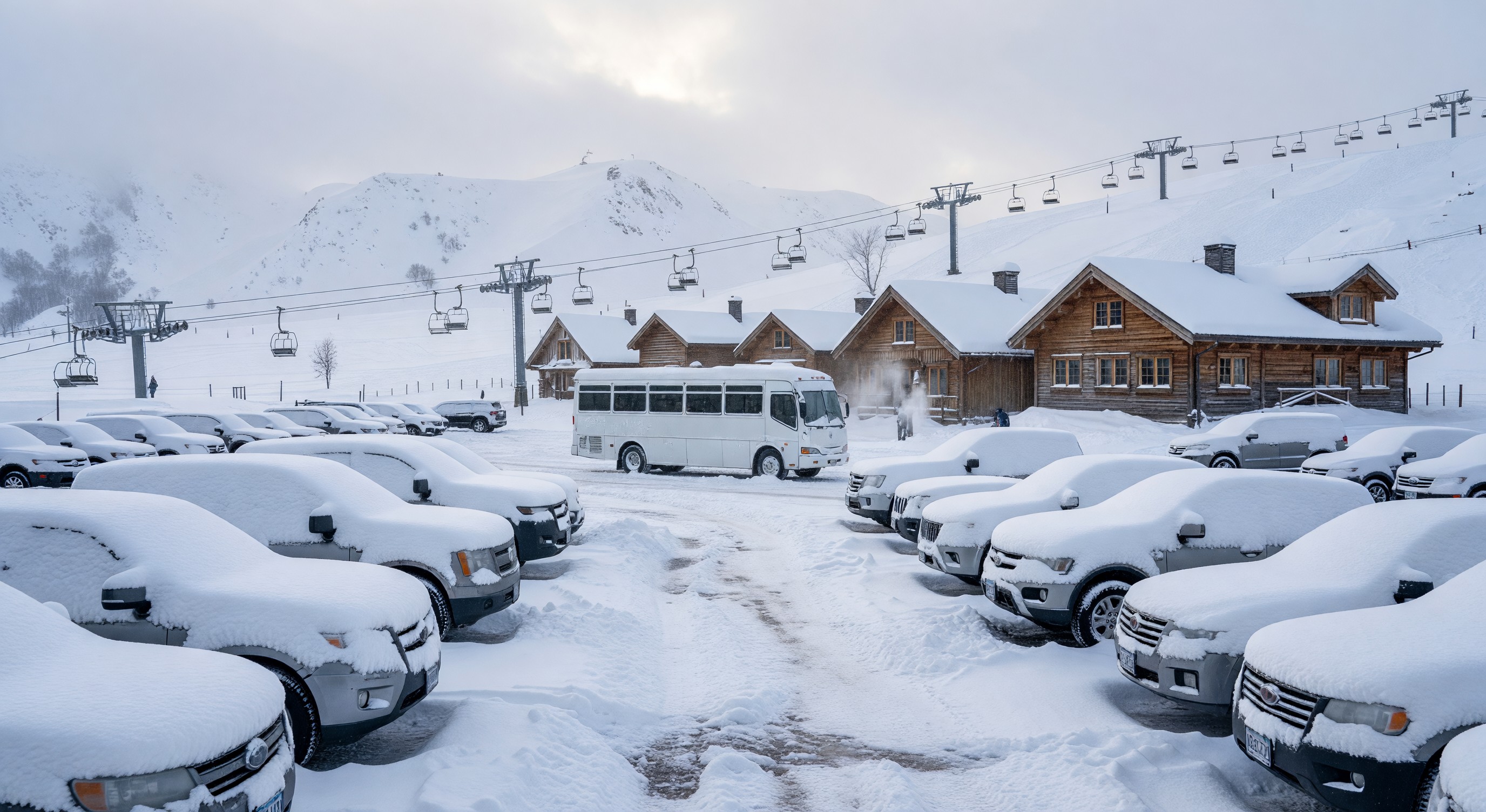 Ski resort base area parking lot covered in snow with shuttle bus and lift access visible in background