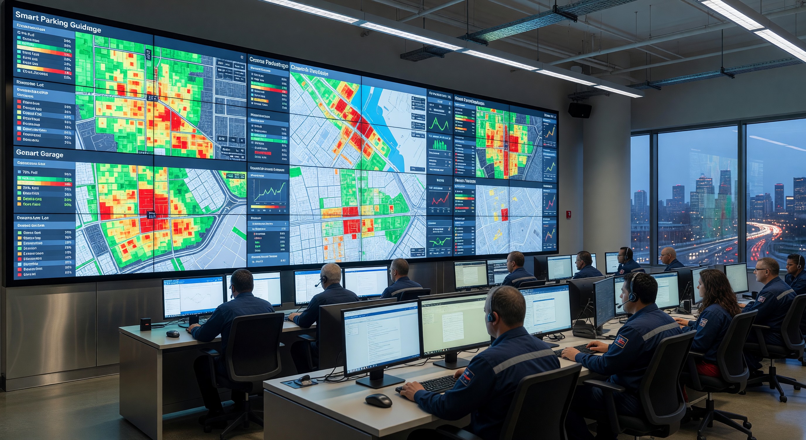City traffic management center displaying integrated smart parking guidance and occupancy maps across urban districts