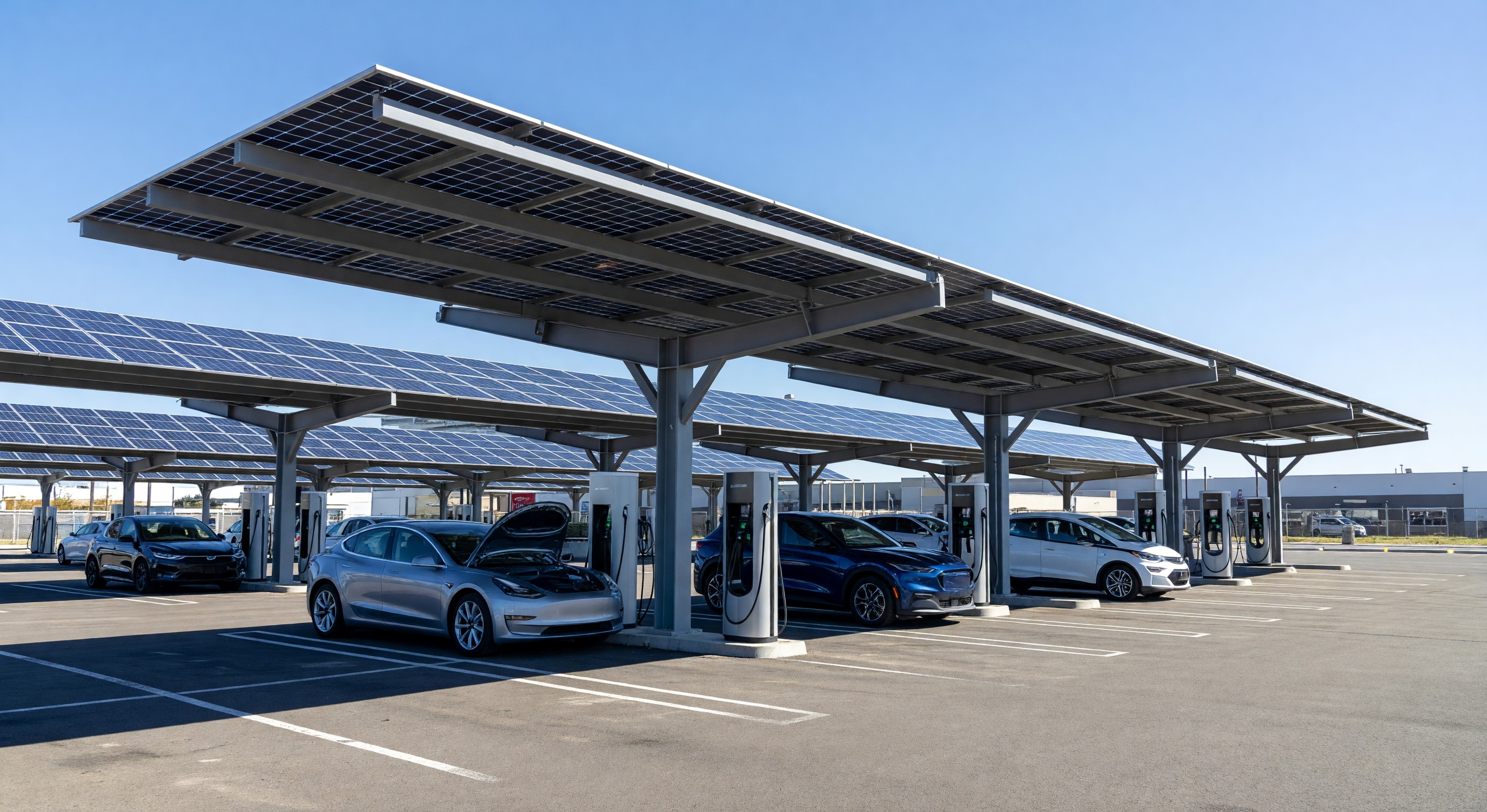 Parking lot with solar panel canopy structure covering vehicle stalls and EV charging stations below