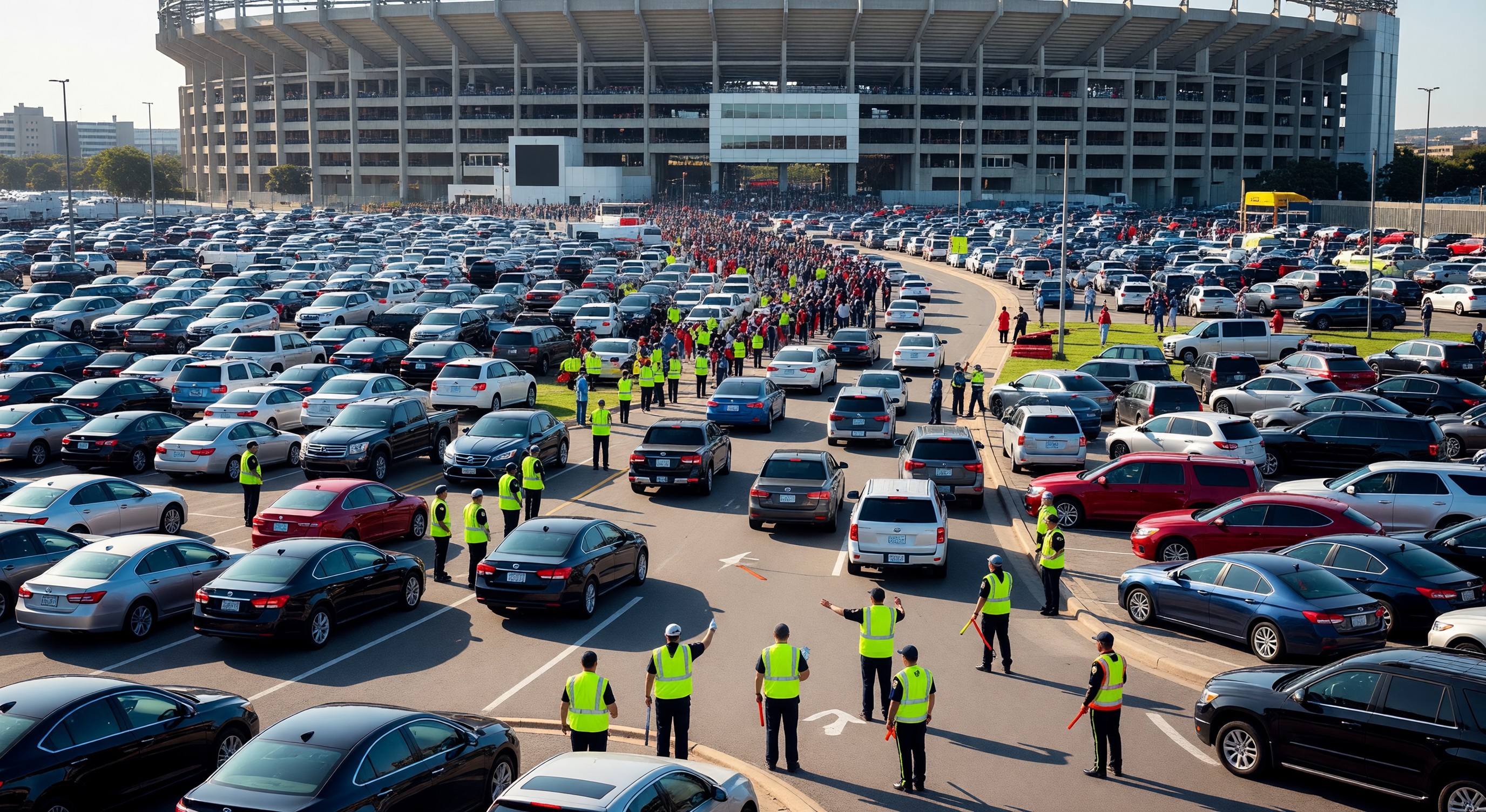 Sports stadium exterior with packed parking lots and game day traffic flow managed by attendants