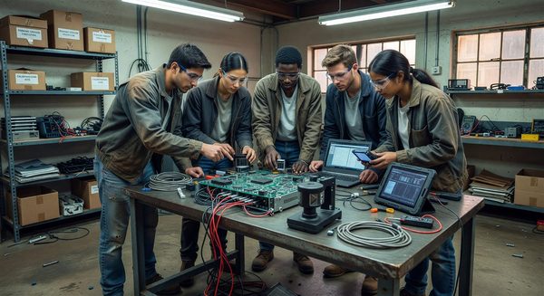 Engineering students examining parking technology equipment in workshop