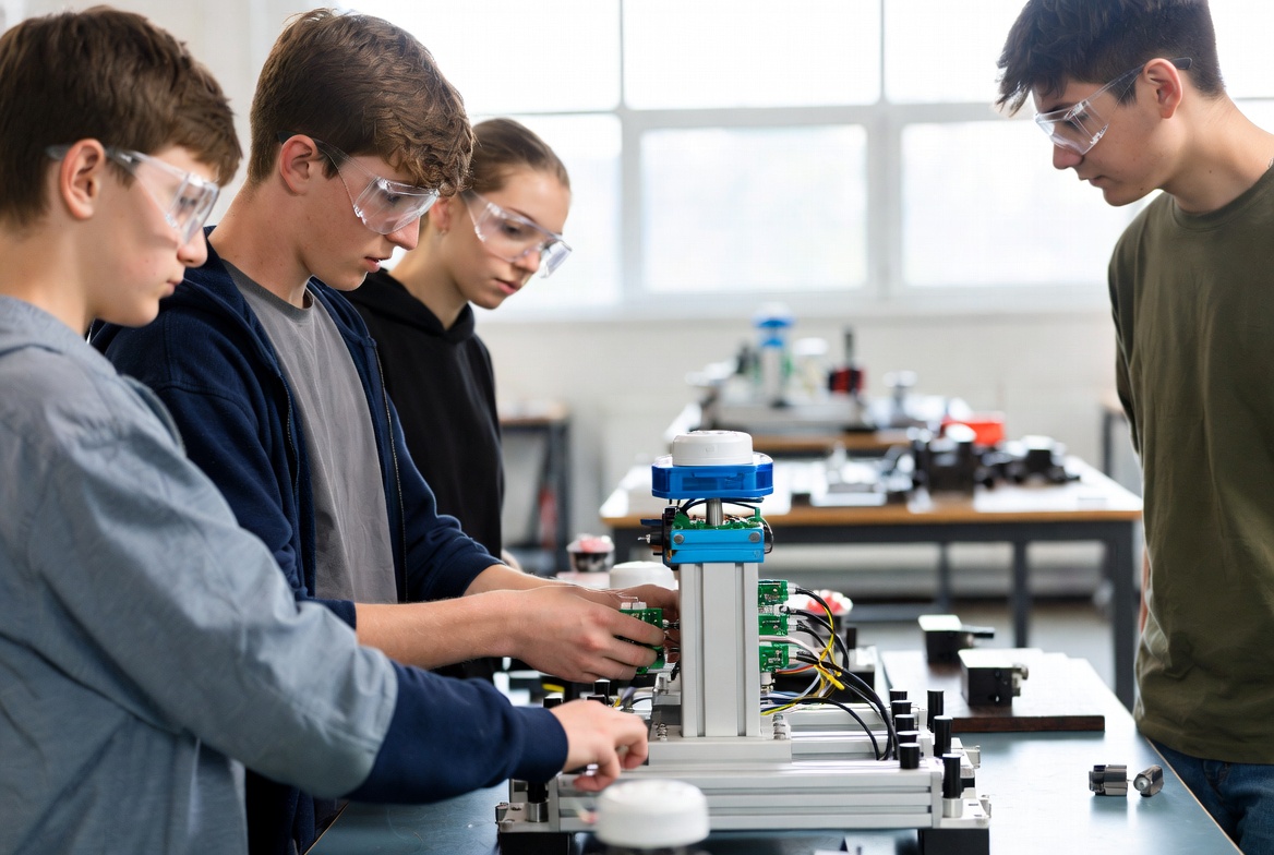 Engineering students examining parking technology equipment in workshop