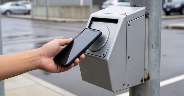 Smartphone being tapped against contactless payment terminal at parking station
