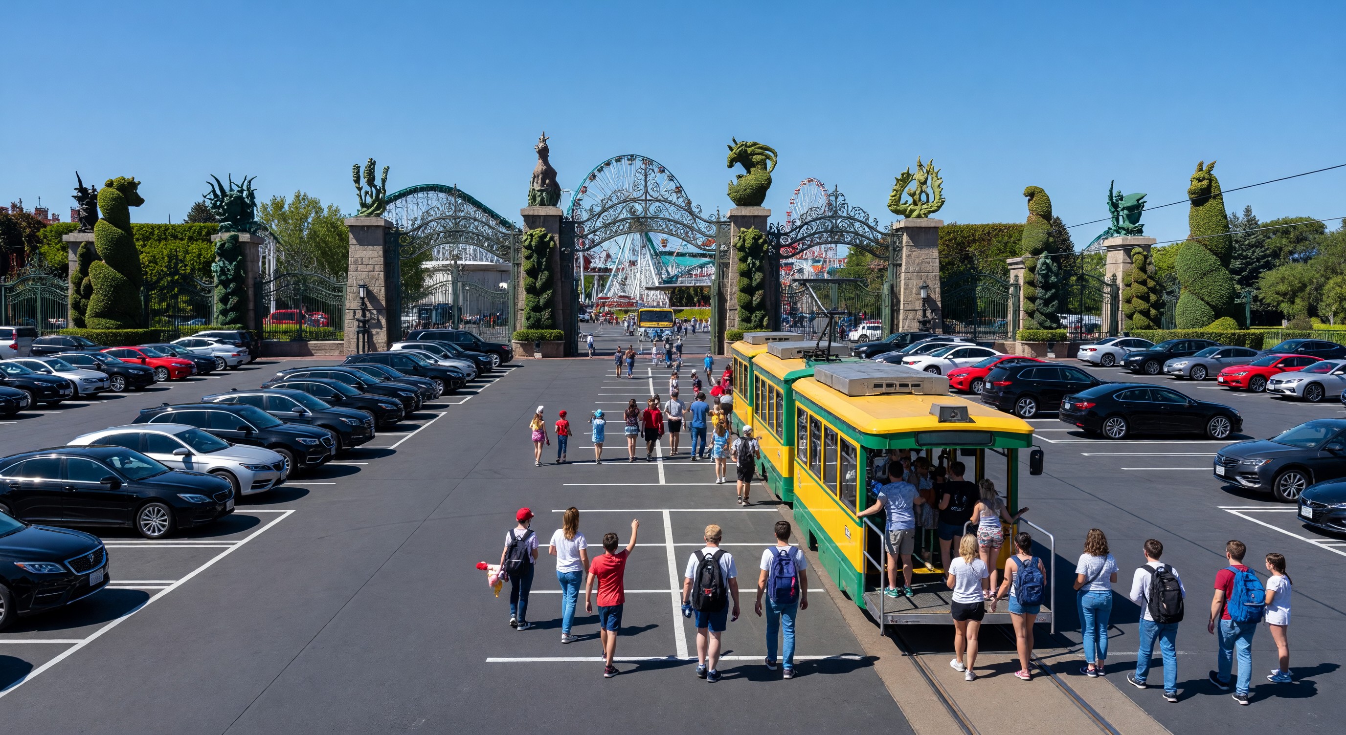 Theme park entrance with parking tram loading zone and large premium parking area near main gate