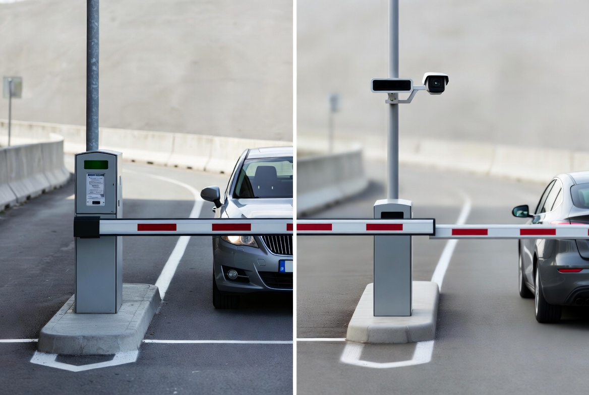 Split view of old parking ticket dispenser and modern LPR camera