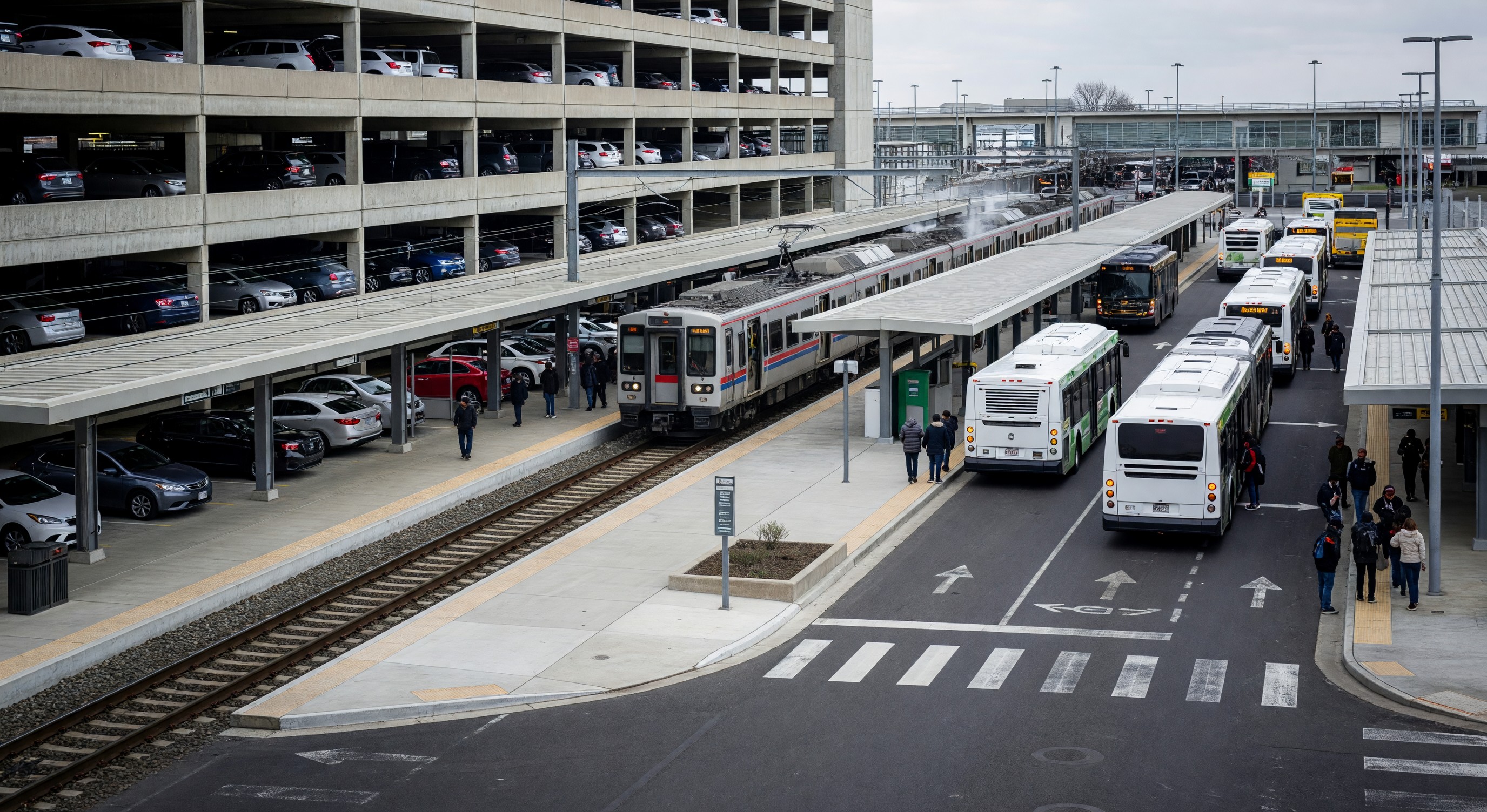Commuter rail station with multi-story parking structure and bus transfer facility at intermodal transit hub