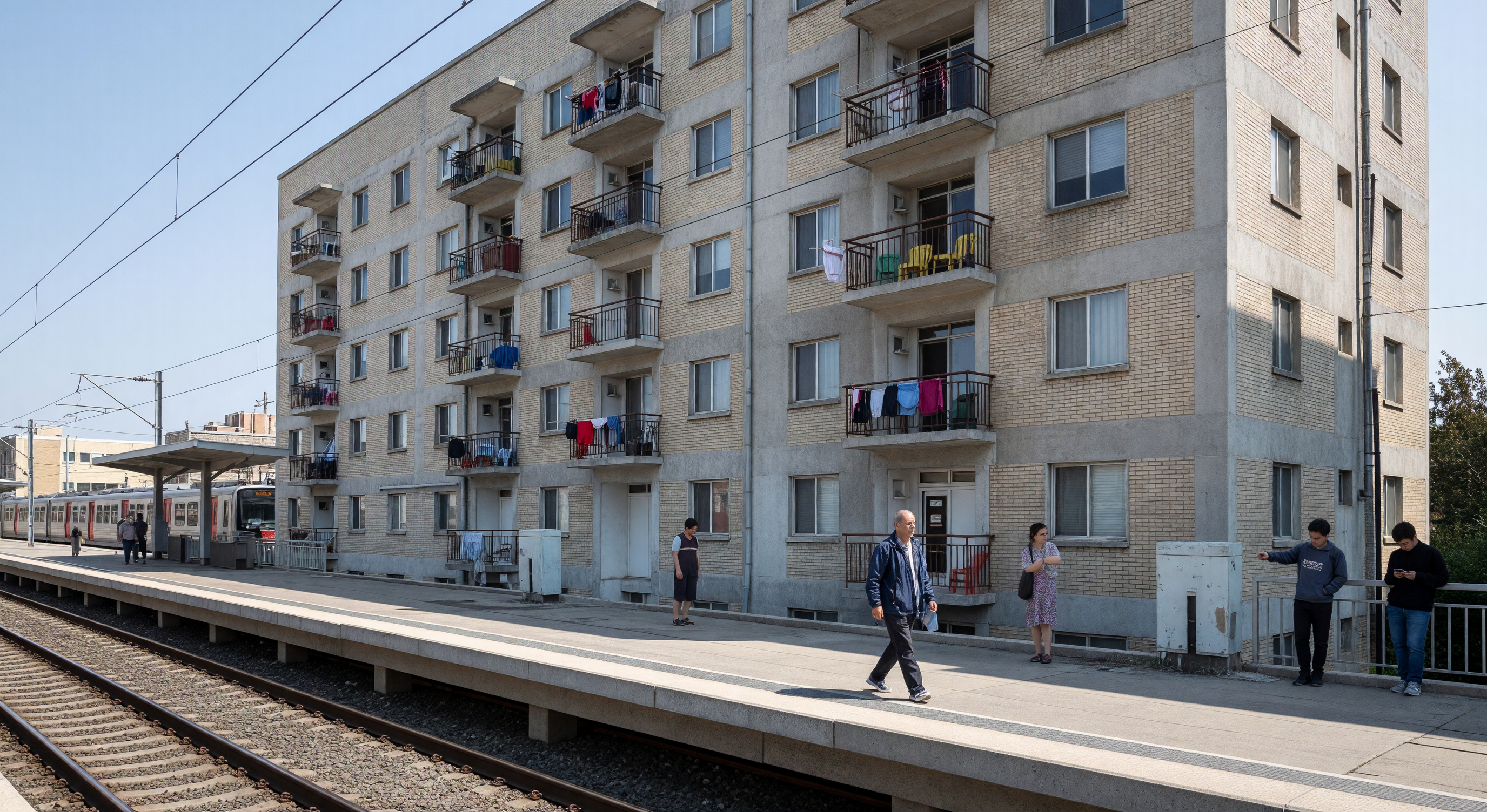 Mid-rise residential building adjacent to a light rail station platform