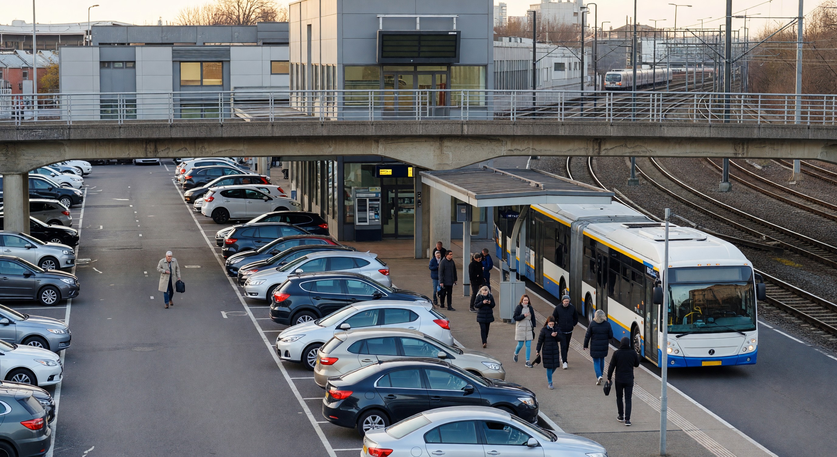 Transit station with park-and-ride facility showing commuter cars and connecting bus service