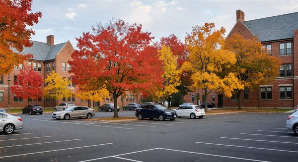 University campus parking lot with academic buildings and autumn trees
