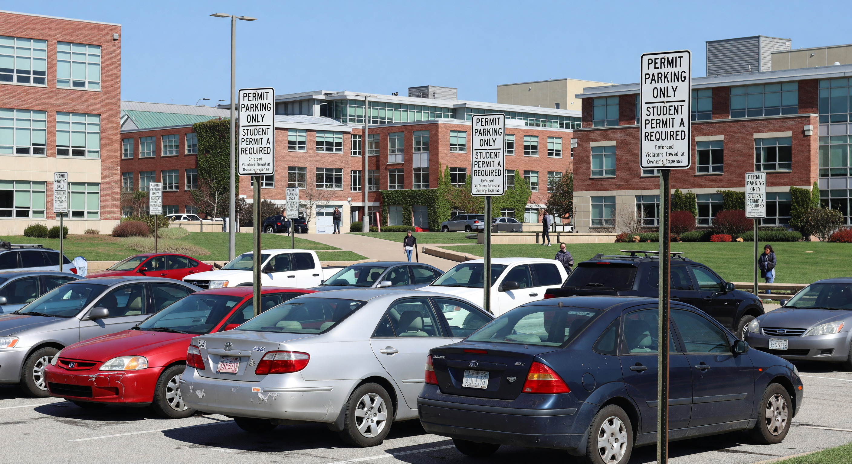 University campus parking lot with permit signage and student vehicles