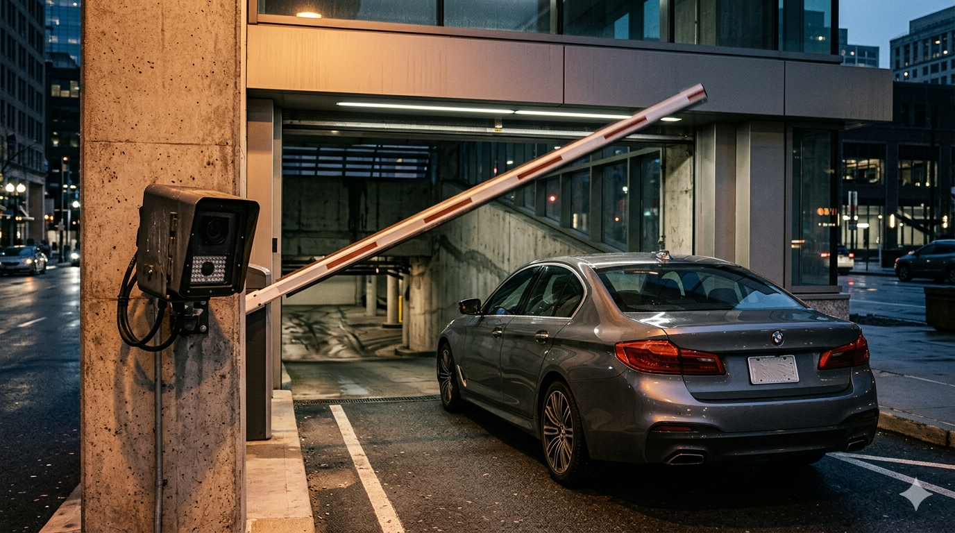 Automated parking garage entrance with LPR camera and barrier gate