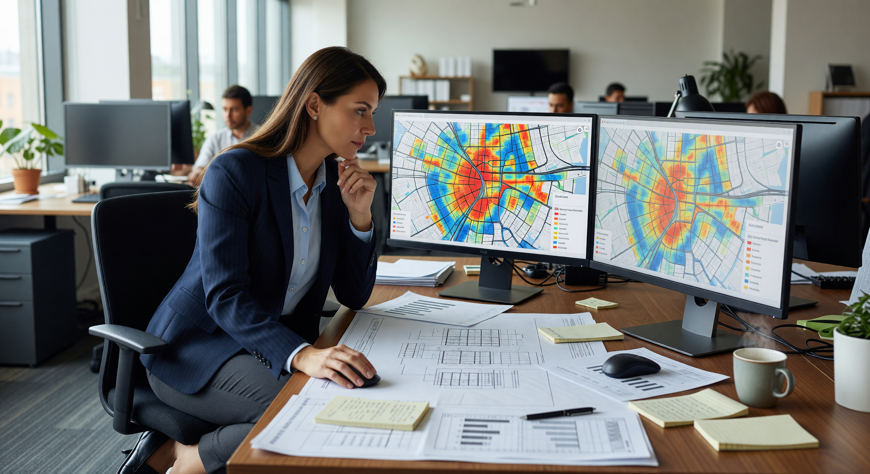Urban planner reviewing parking demand model on a large monitor with mapped data overlays