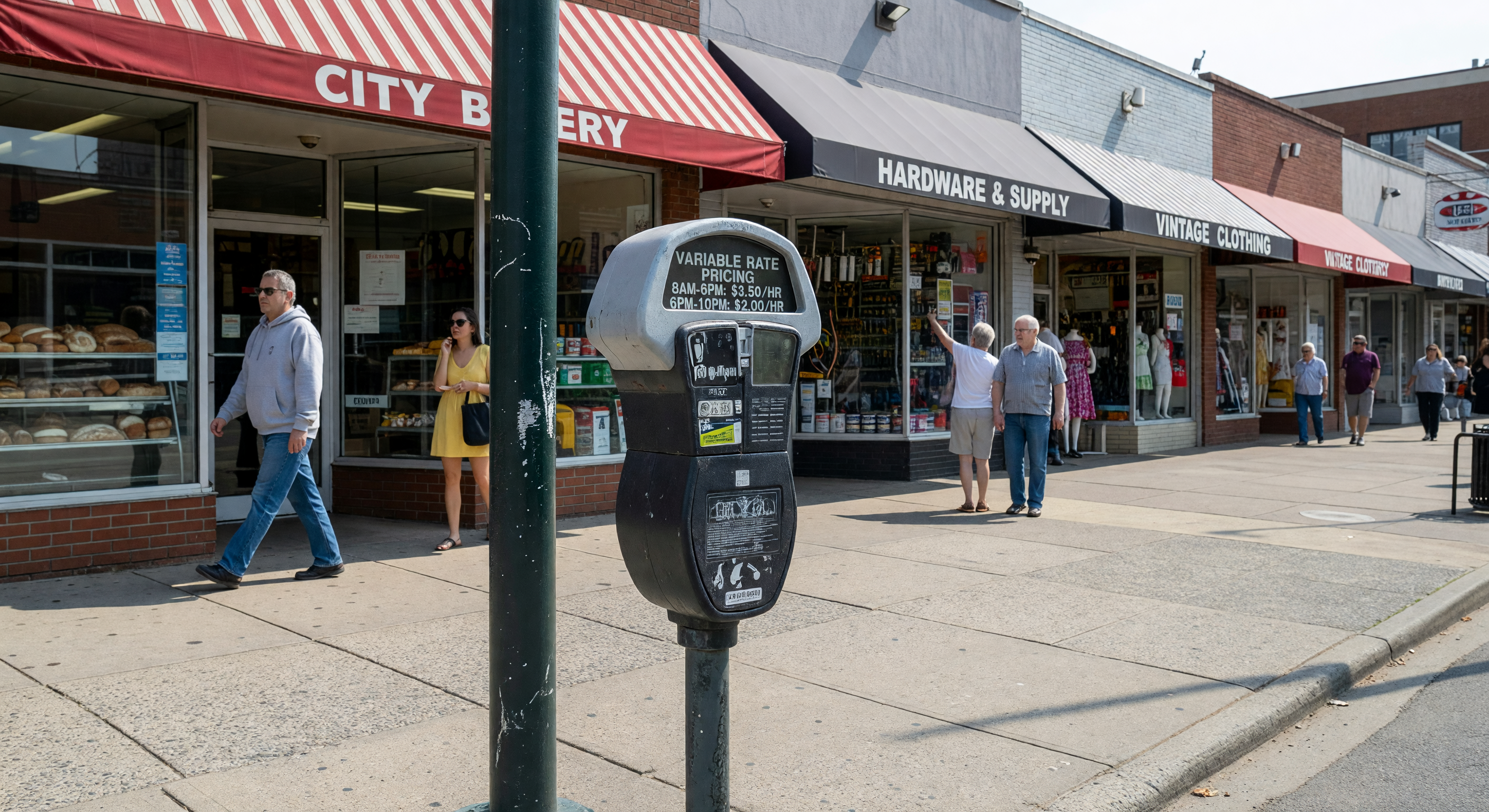 On-street parking meter displaying variable rate pricing on an urban commercial block