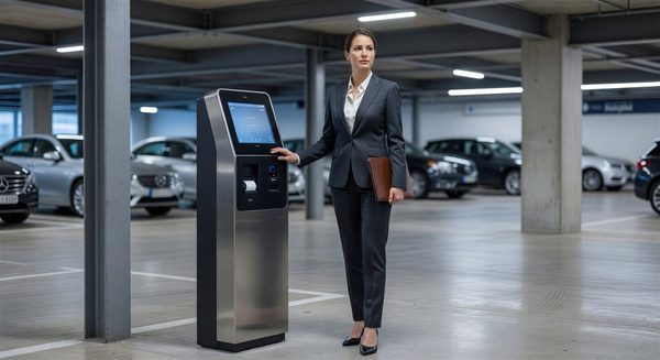 Businesswoman standing in front of modern parking equipment