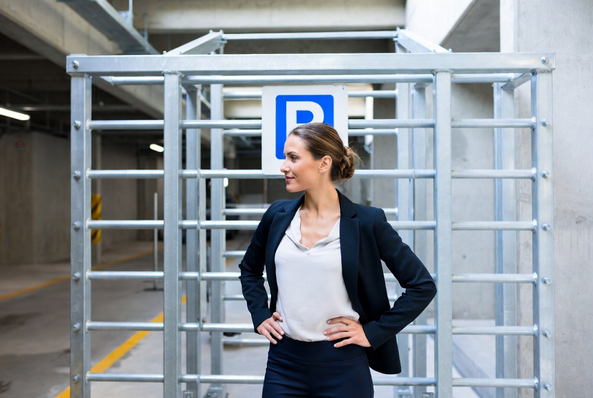 Businesswoman standing in front of modern parking equipment